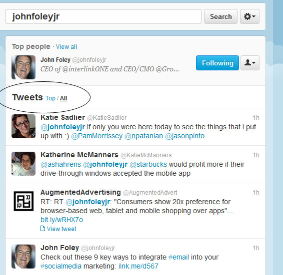 Screenshot of searching on Twitter for johnfoleyjr